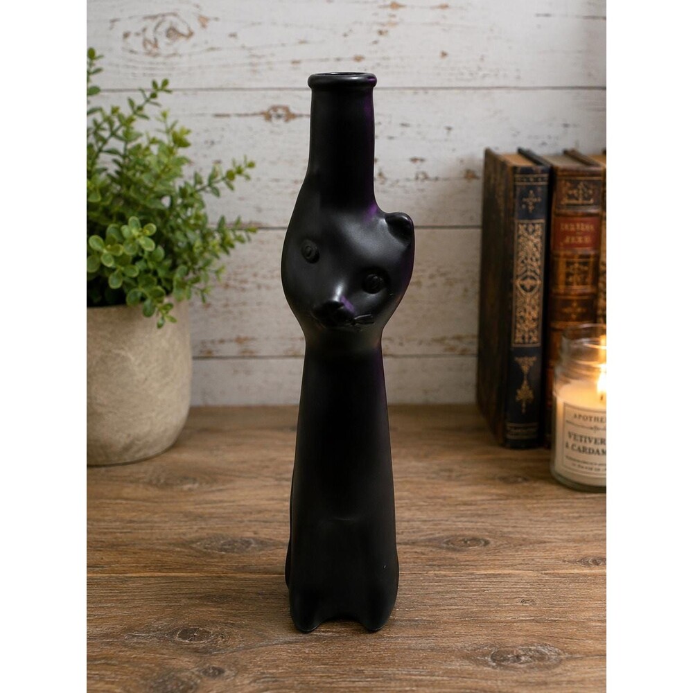 Vintage Matte Black Ceramic Cat Bottle Figurine | Gothic Witchy Decor